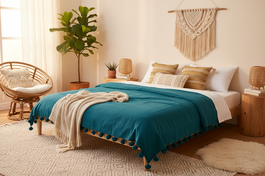 Peacock Blue Moroccan Pom Pom Blanket