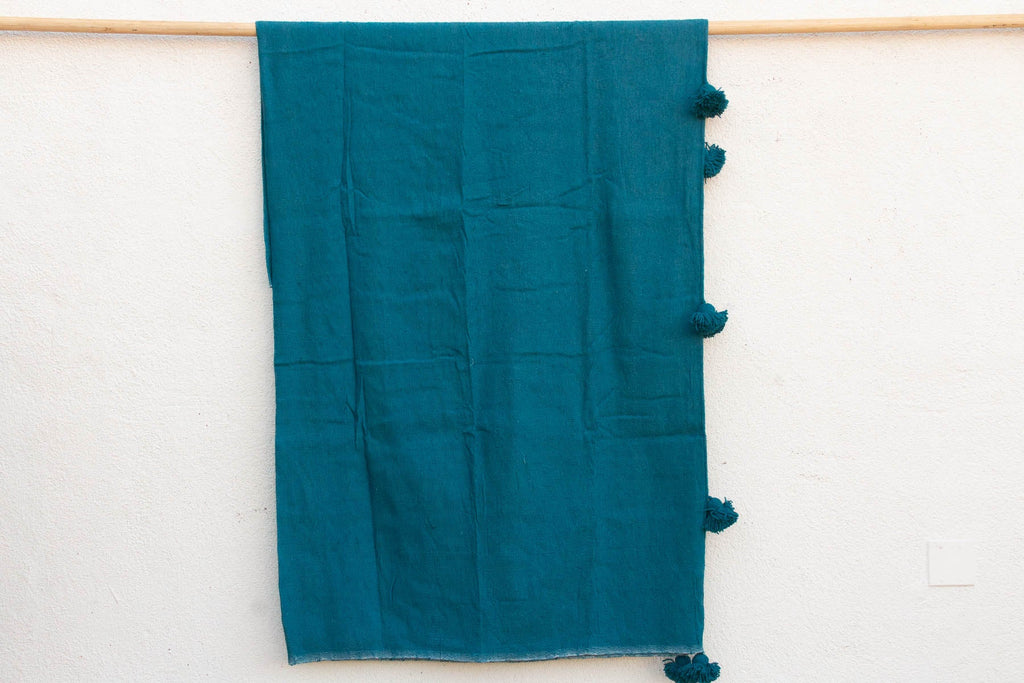 Peacock Blue Moroccan Pom Pom Blanket