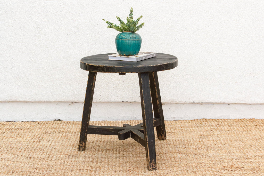 Distressed Black Round Bedside Table