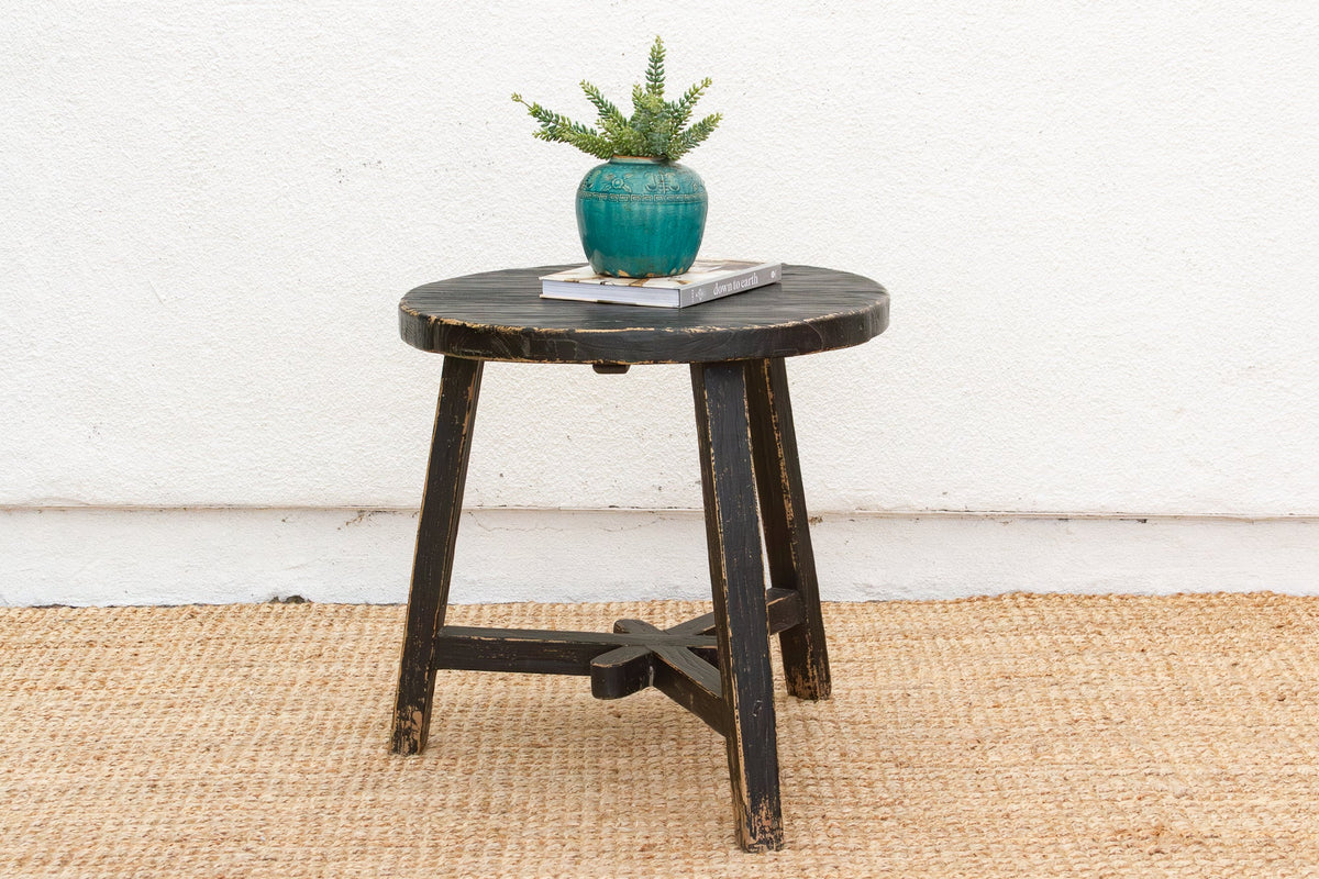 Distressed Black Round Bedside Table