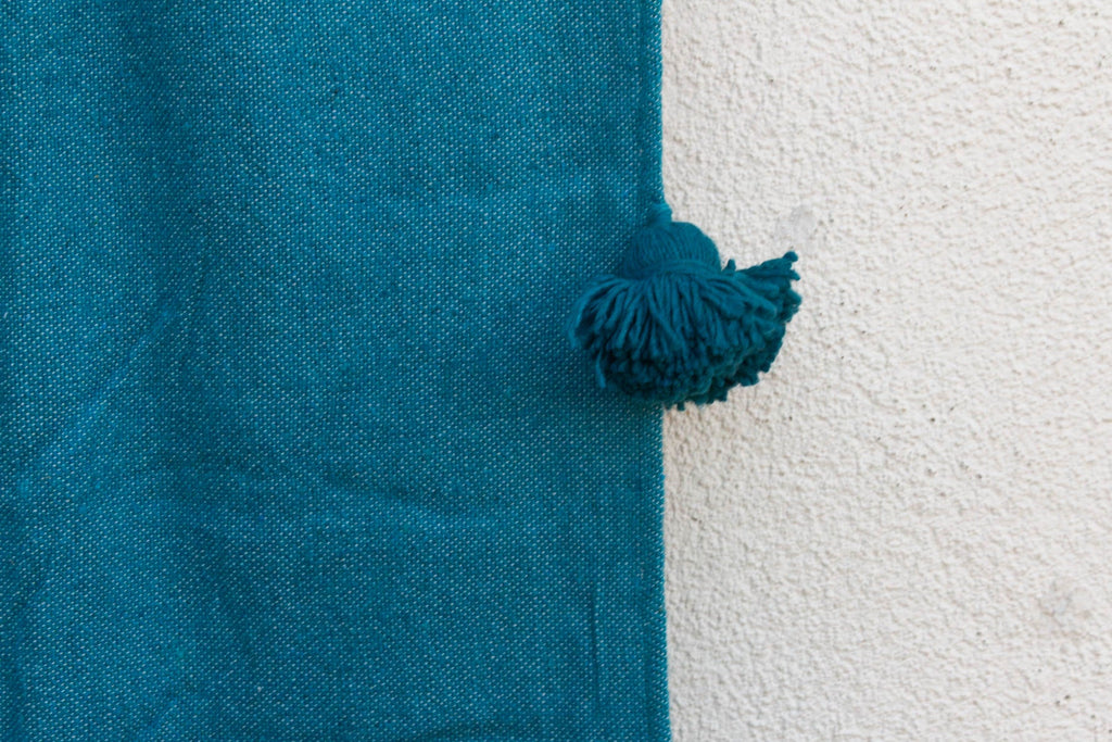 Peacock Blue Moroccan Pom Pom Blanket