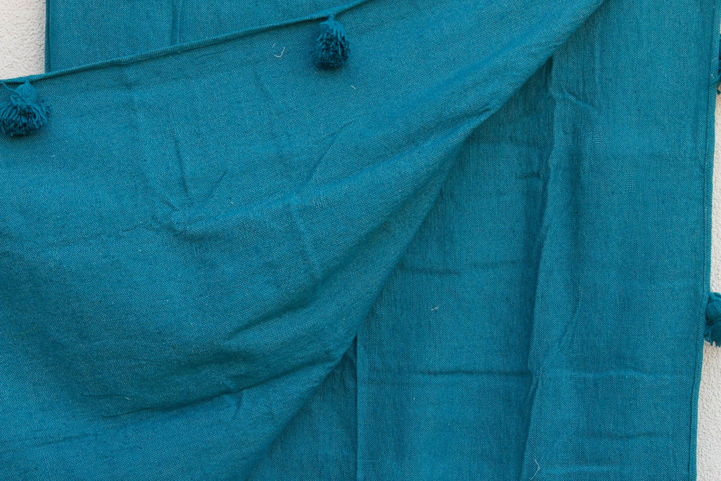 Peacock Blue Moroccan Pom Pom Blanket