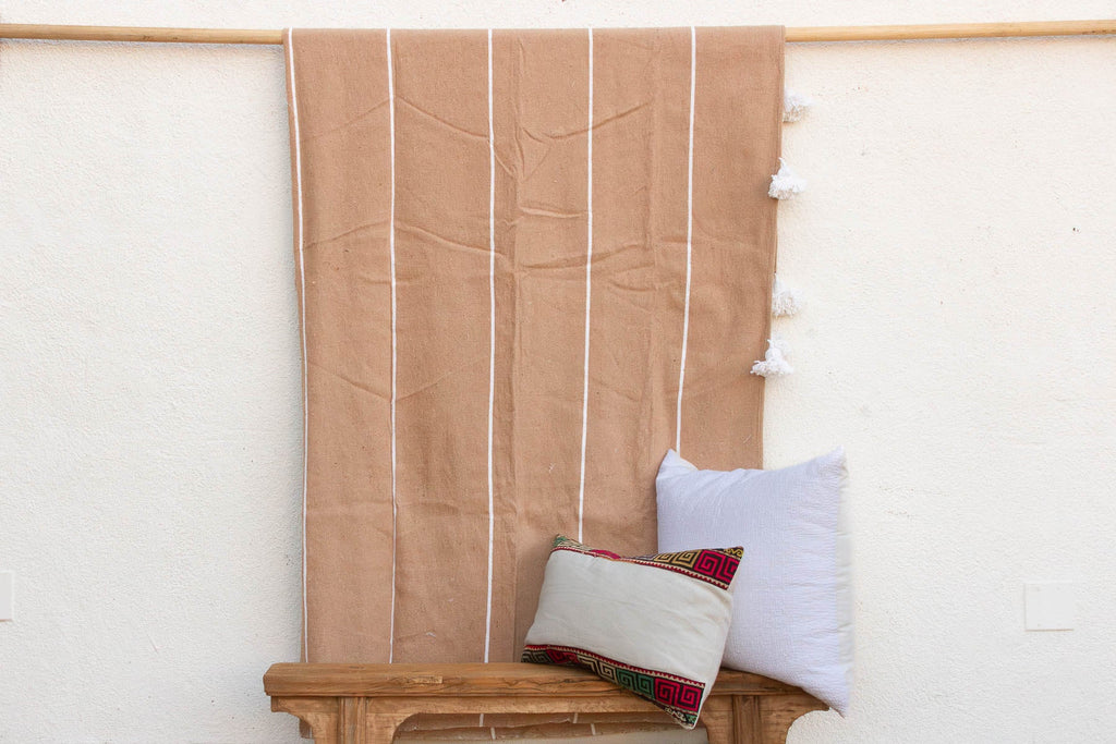 Desert Sand Striped Moroccan Pom Pom Blanket