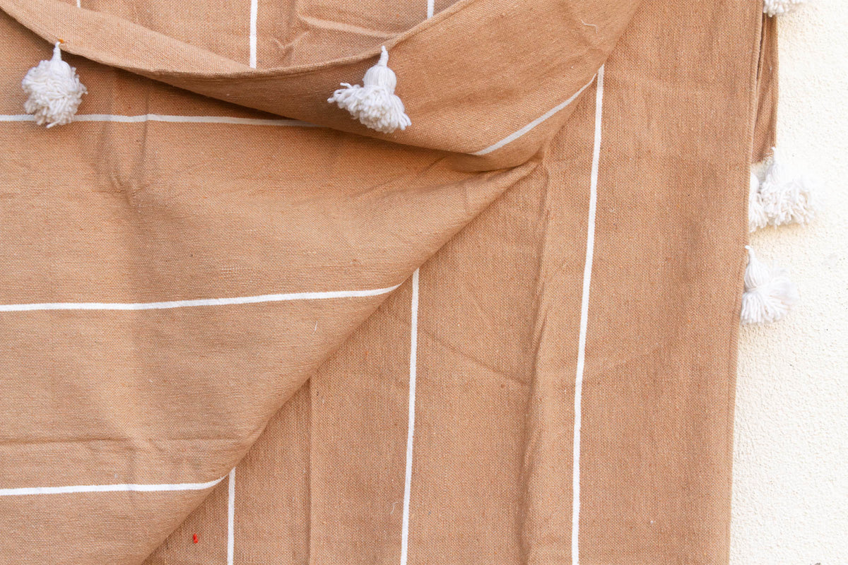 Desert Sand Striped Moroccan Pom Pom Blanket