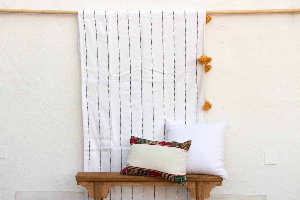 White & Black Pinstripes Moroccan Pom Pom Blanket