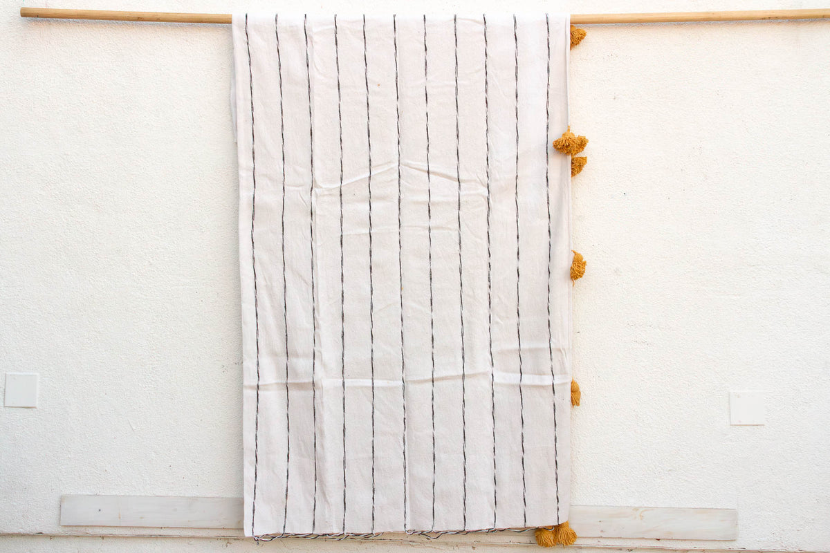 White & Black Pinstripes Moroccan Pom Pom Blanket