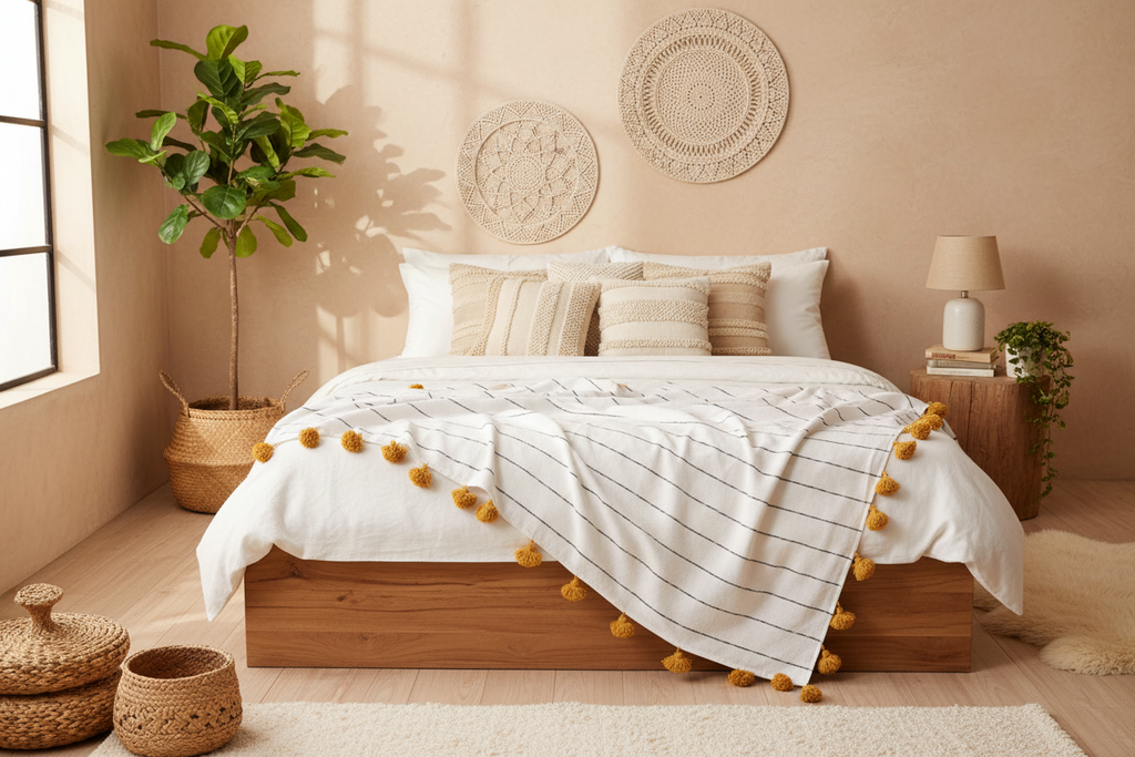 White & Black Pinstripes Moroccan Pom Pom Blanket