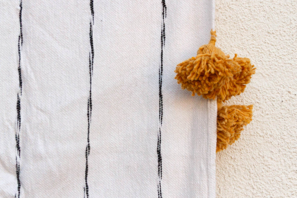 White & Black Pinstripes Moroccan Pom Pom Blanket
