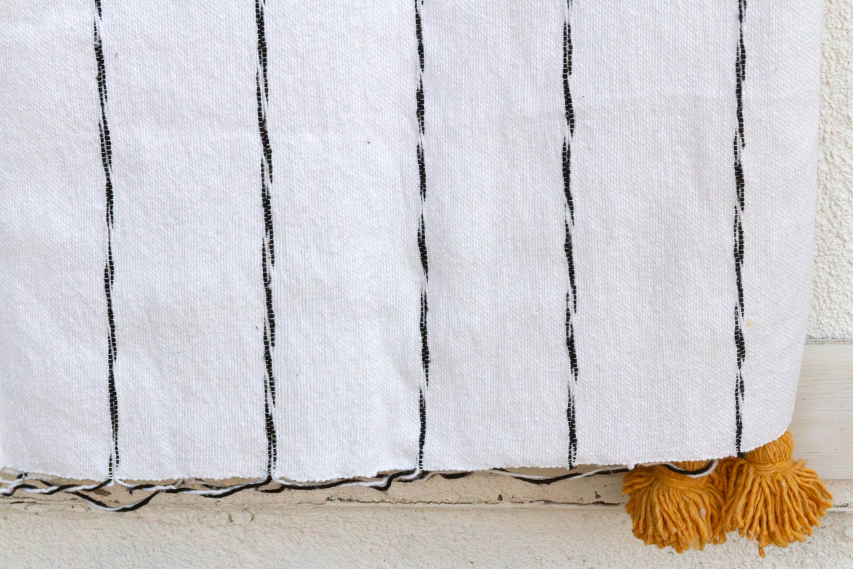 White & Black Pinstripes Moroccan Pom Pom Blanket
