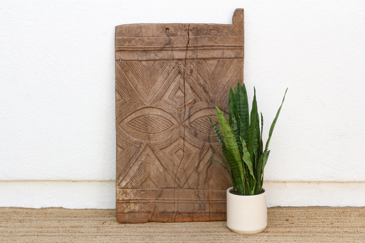 Antique Bleached Wood Solar Eye Carved Igbo Door