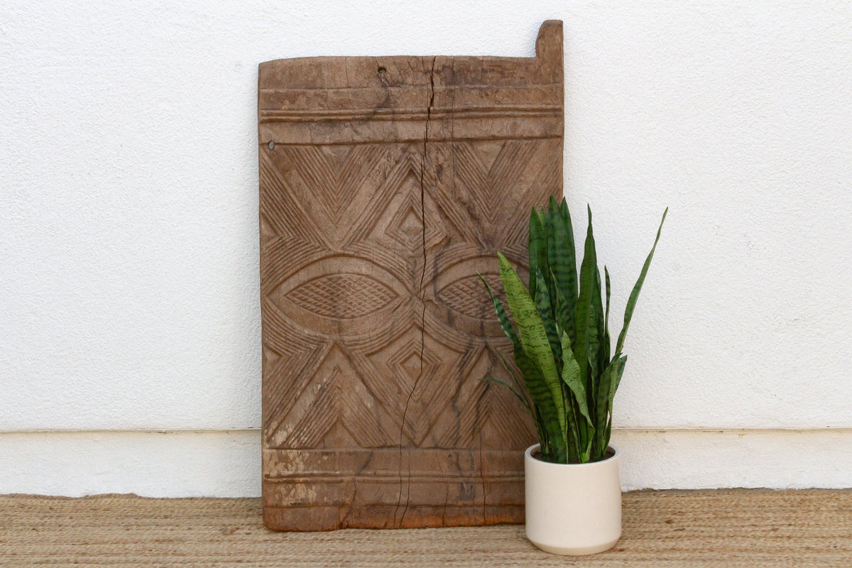 Antique Bleached Wood Solar Eye Carved Igbo Door