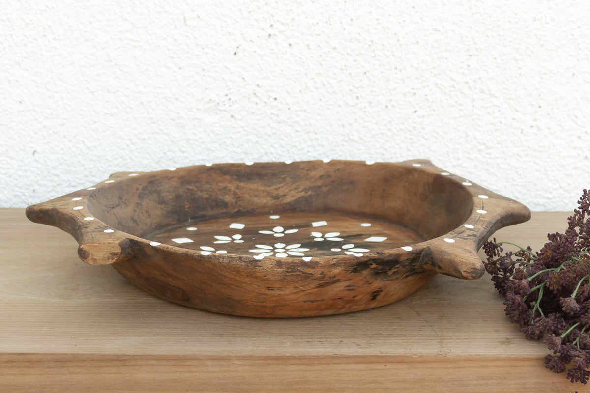 Rustic Wood Artisanal Bowl w/Floral Design