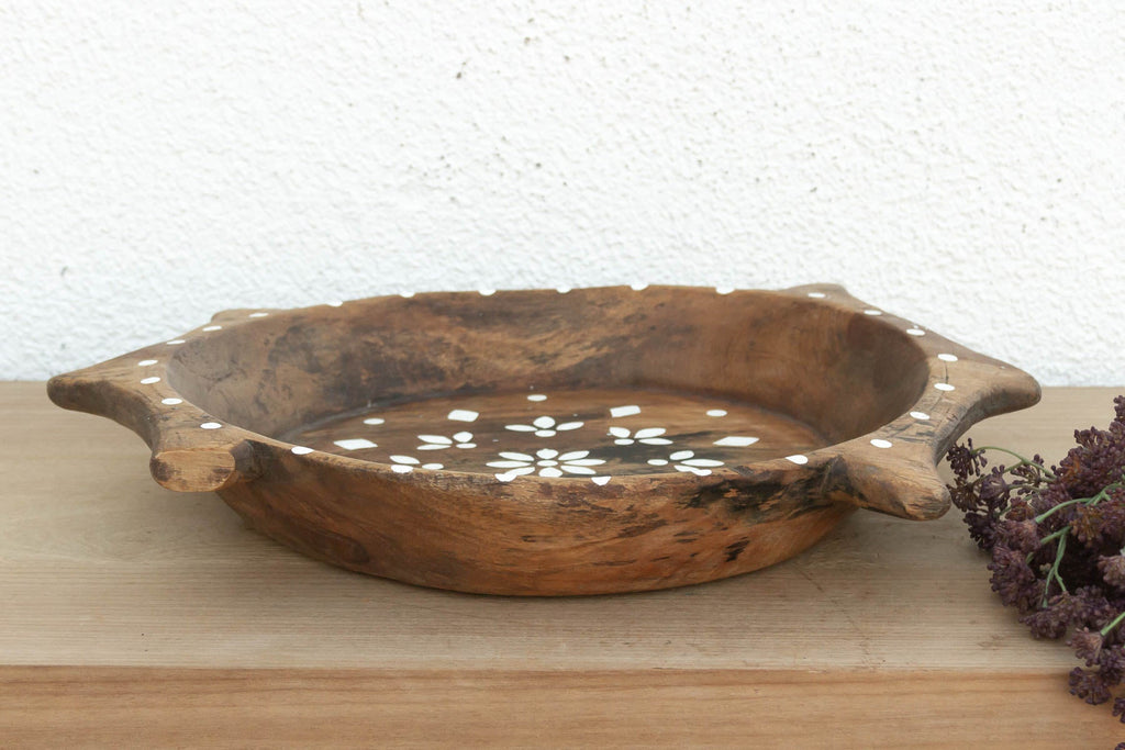 Rustic Wood Artisanal Bowl w/Floral Design (Trade)