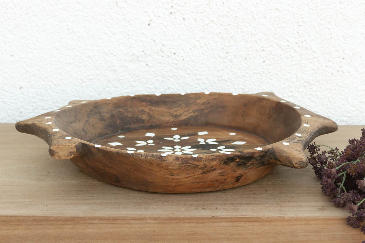 Rustic Wood Artisanal Bowl w/Floral Design (Trade)