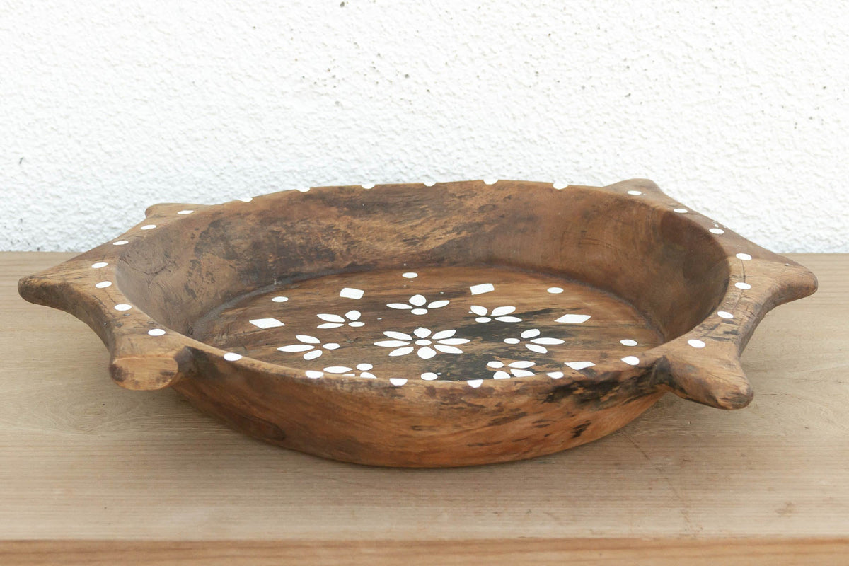 Rustic Wood Artisanal Bowl w/Floral Design (Trade)