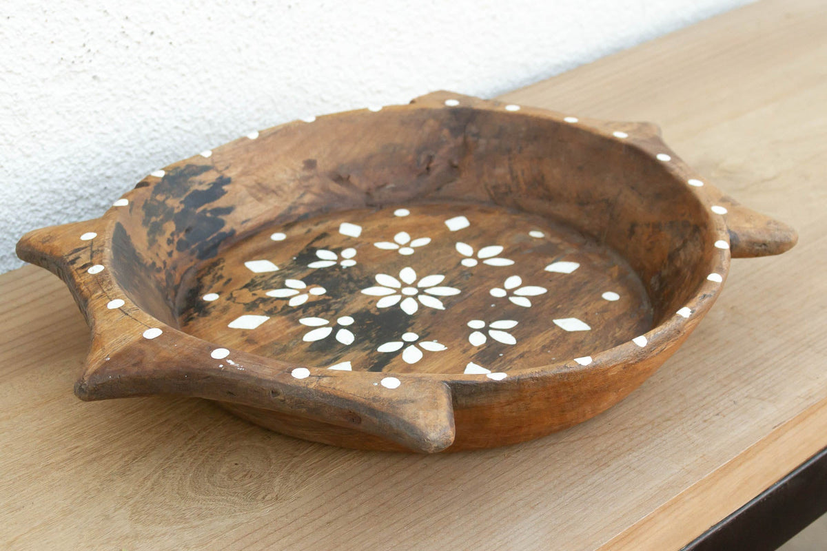 Rustic Wood Artisanal Bowl w/Floral Design (Trade)