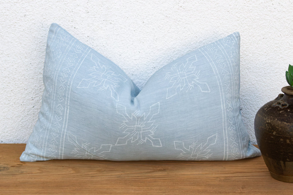 Blockprint Linen Jaipur Lumbar "Powder Blue" Pillow Cover