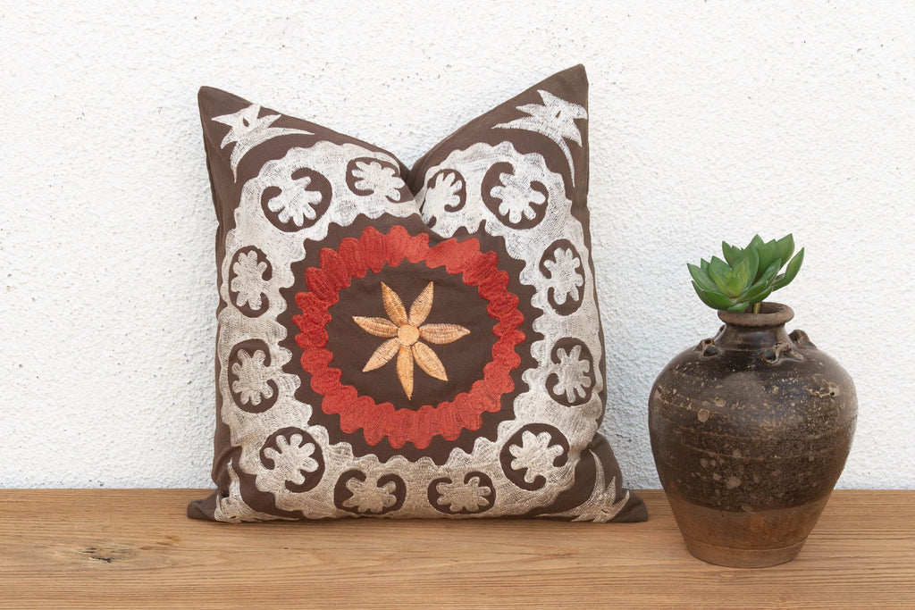 16" sq Embroidered Palmette Suzani Pillow Cover
