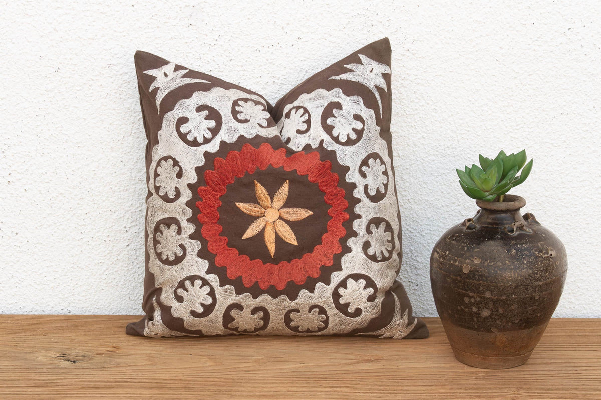 16" sq Embroidered Palmette Suzani Pillow Cover