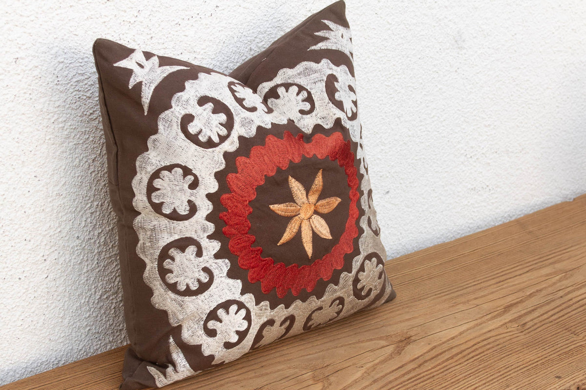16" sq Embroidered Palmette Suzani Pillow Cover