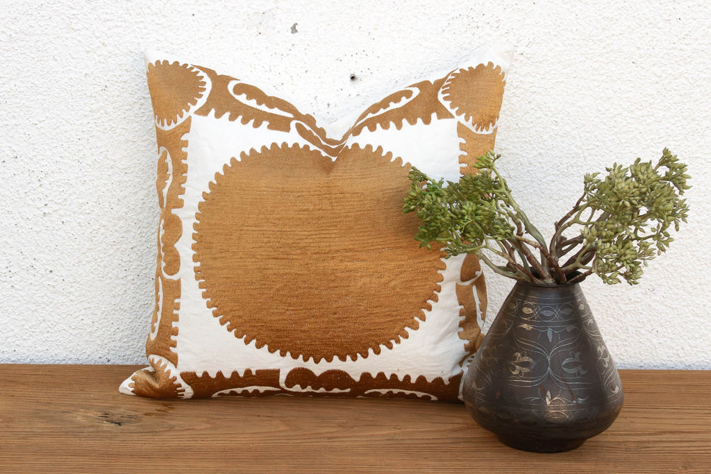 18"sq Gold & White Medallion Suzani Pillow Cover