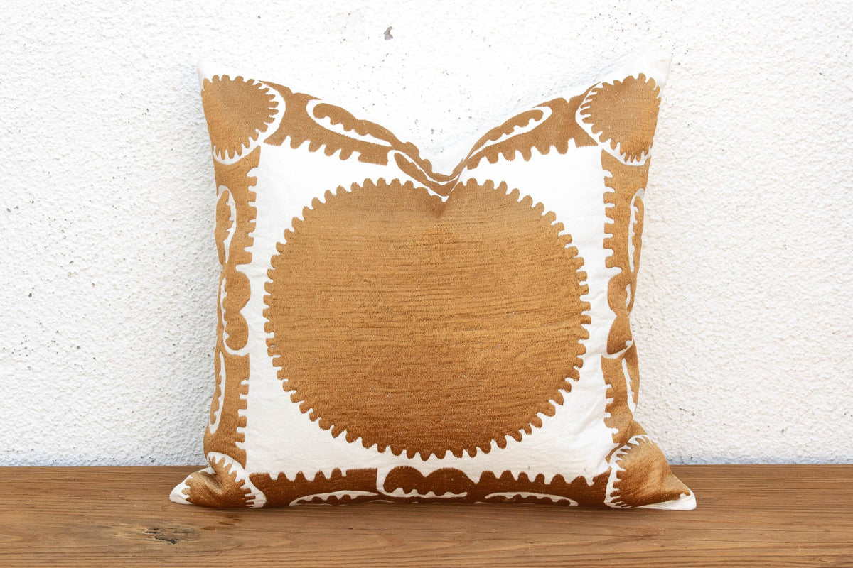 18"sq Gold & White Medallion Suzani Pillow Cover