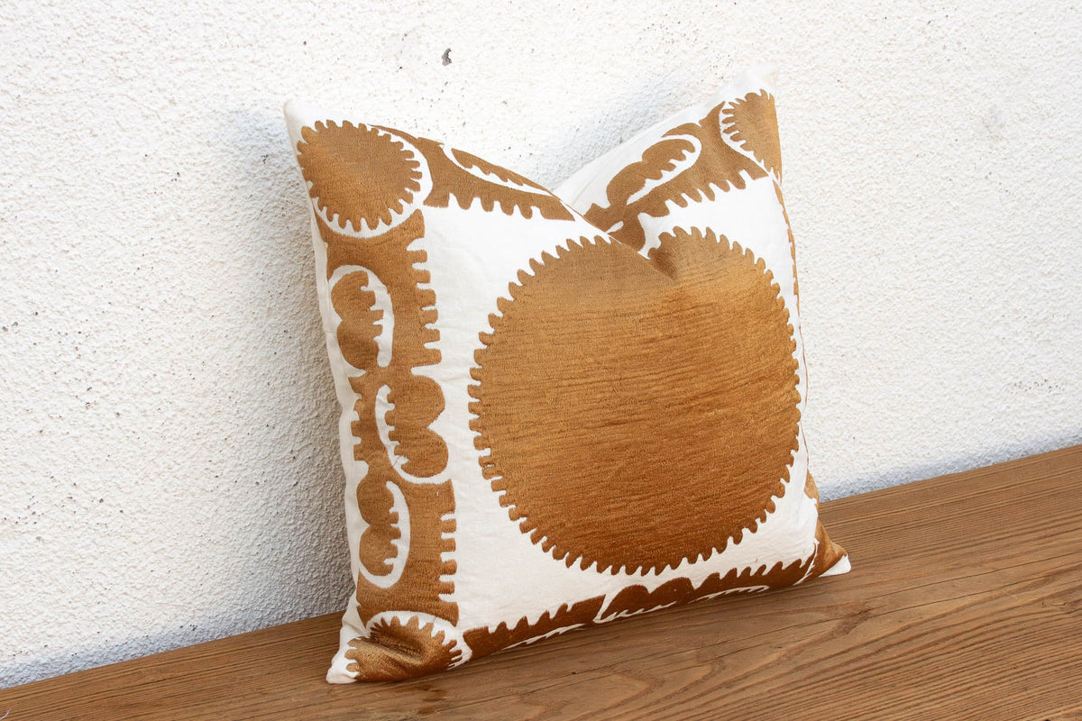 18"sq Gold & White Medallion Suzani Pillow Cover