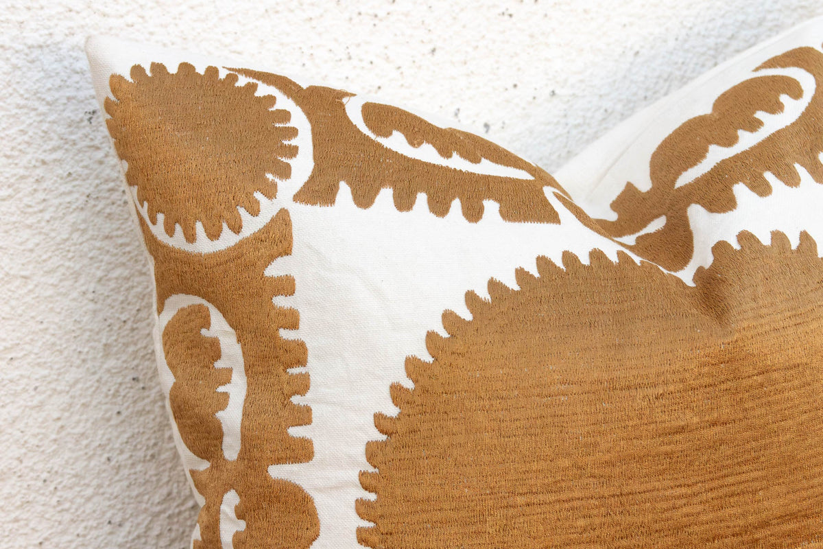 18"sq Gold & White Medallion Suzani Pillow Cover