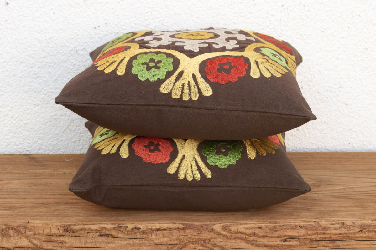 Radiating Floral Suzani Pillow Covers, Pair