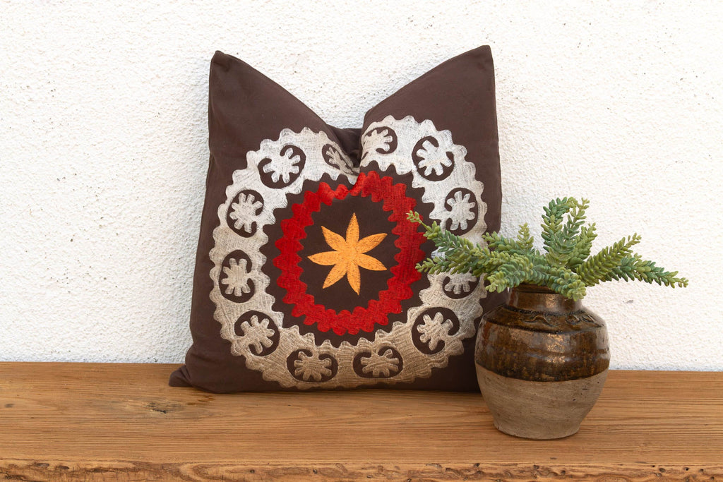 18" Square Orange Flower Suzani Pillow Cover