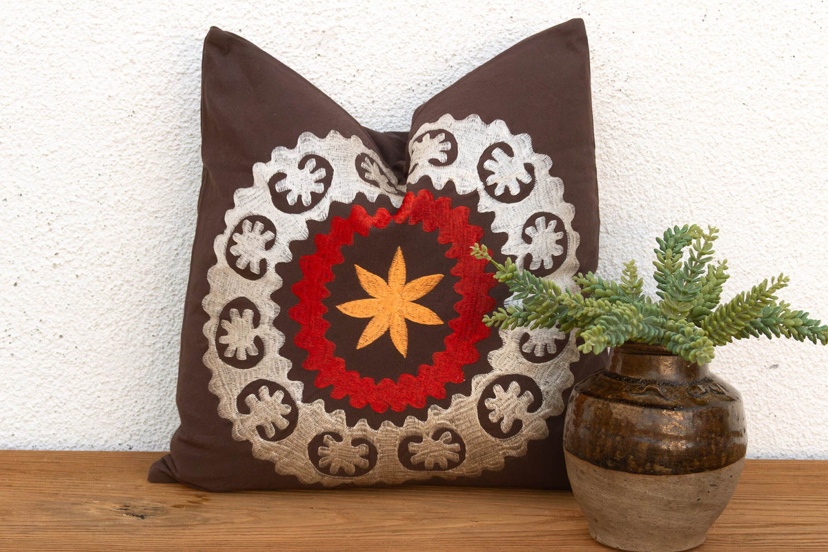 18" Square Orange Flower Suzani Pillow Cover