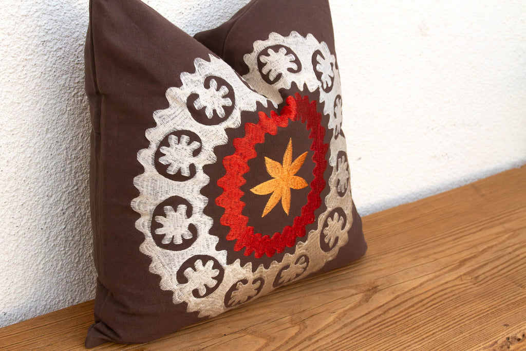 18" Square Orange Flower Suzani Pillow Cover