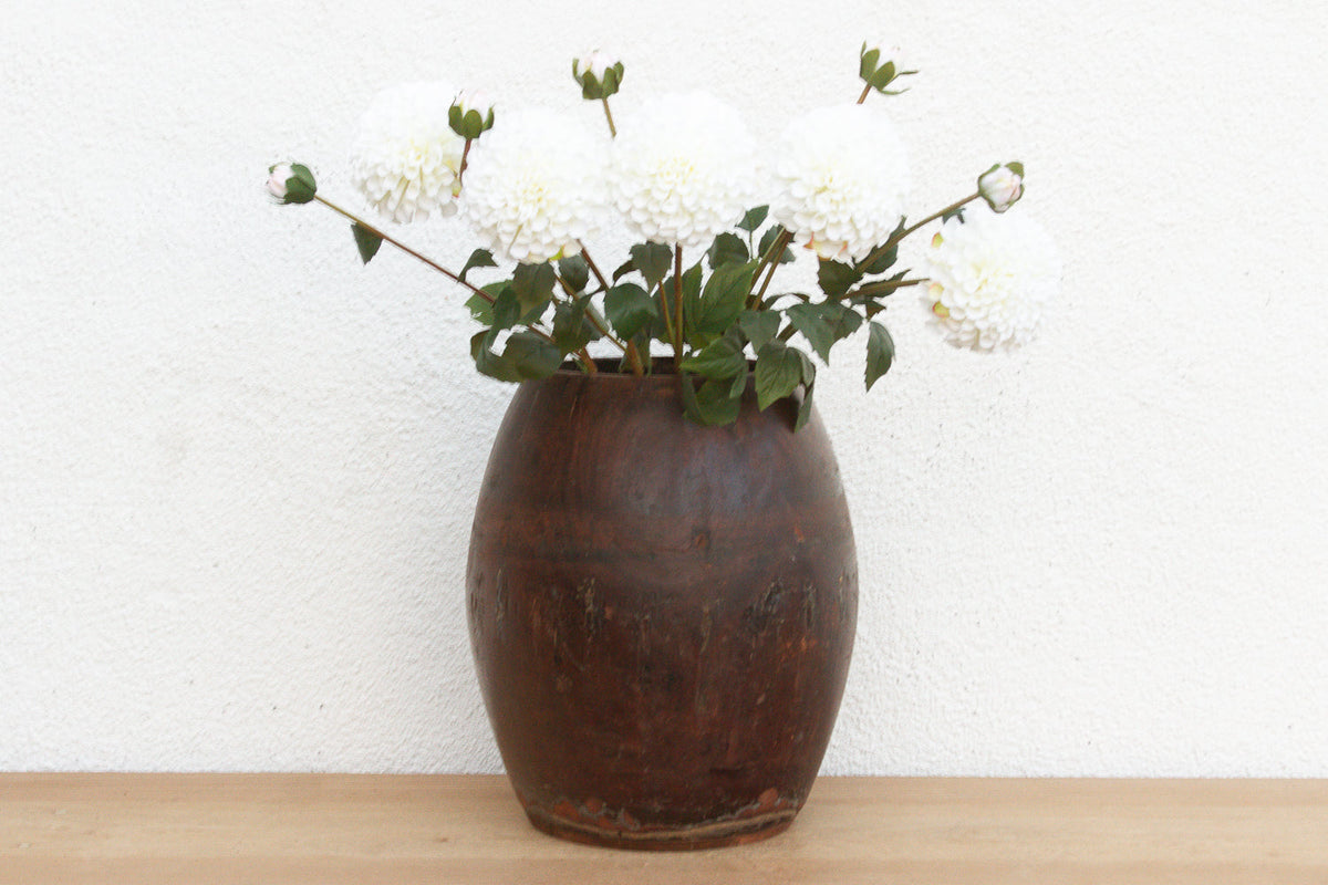 Antique Patinated Espresso Brown Barrel Pot (Trade)