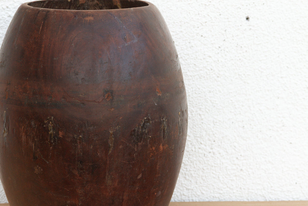 Antique Patinated Espresso Brown Barrel Pot (Trade)