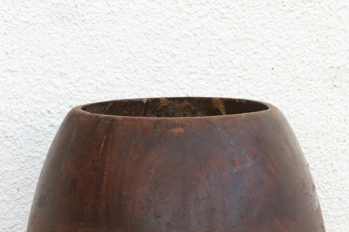 Antique Patinated Espresso Brown Barrel Pot (Trade)