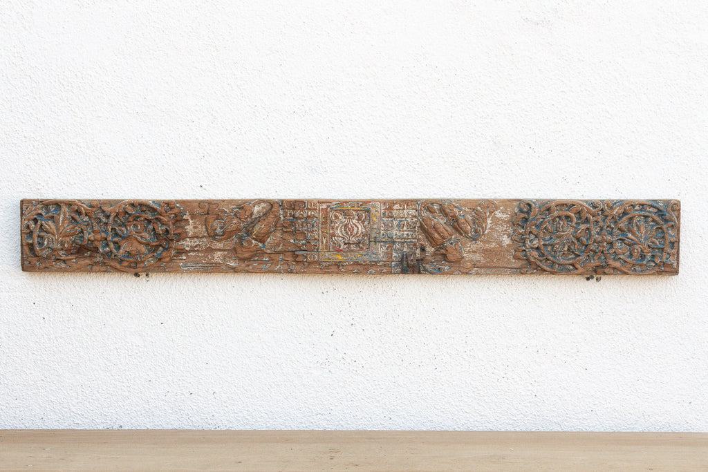 Rare Blue Polychrome Carved Indian Lintel