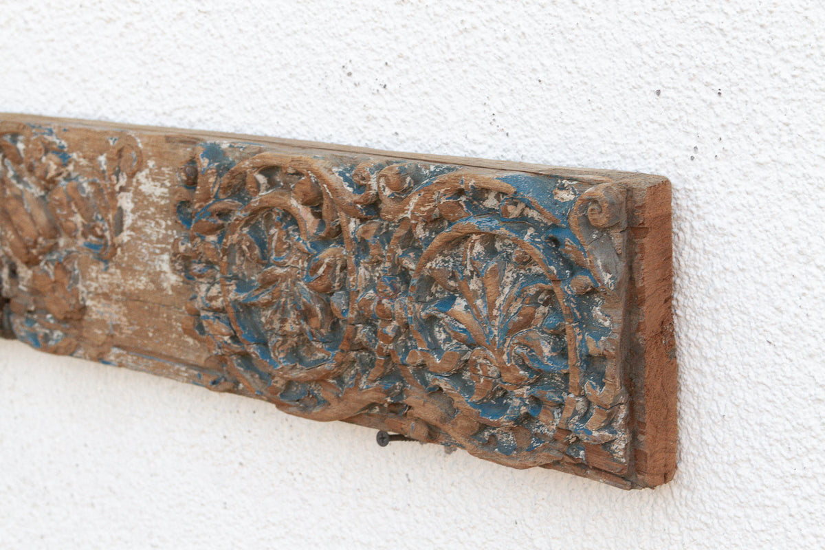 Rare Blue Polychrome Carved Indian Lintel