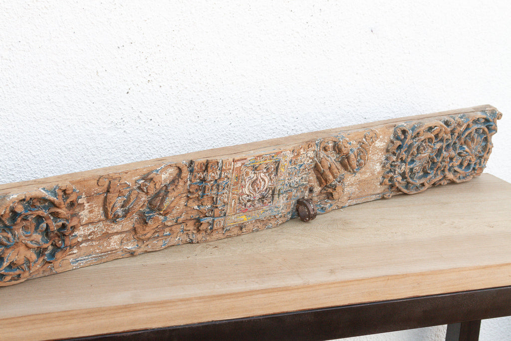 Rare Blue Polychrome Carved Indian Lintel