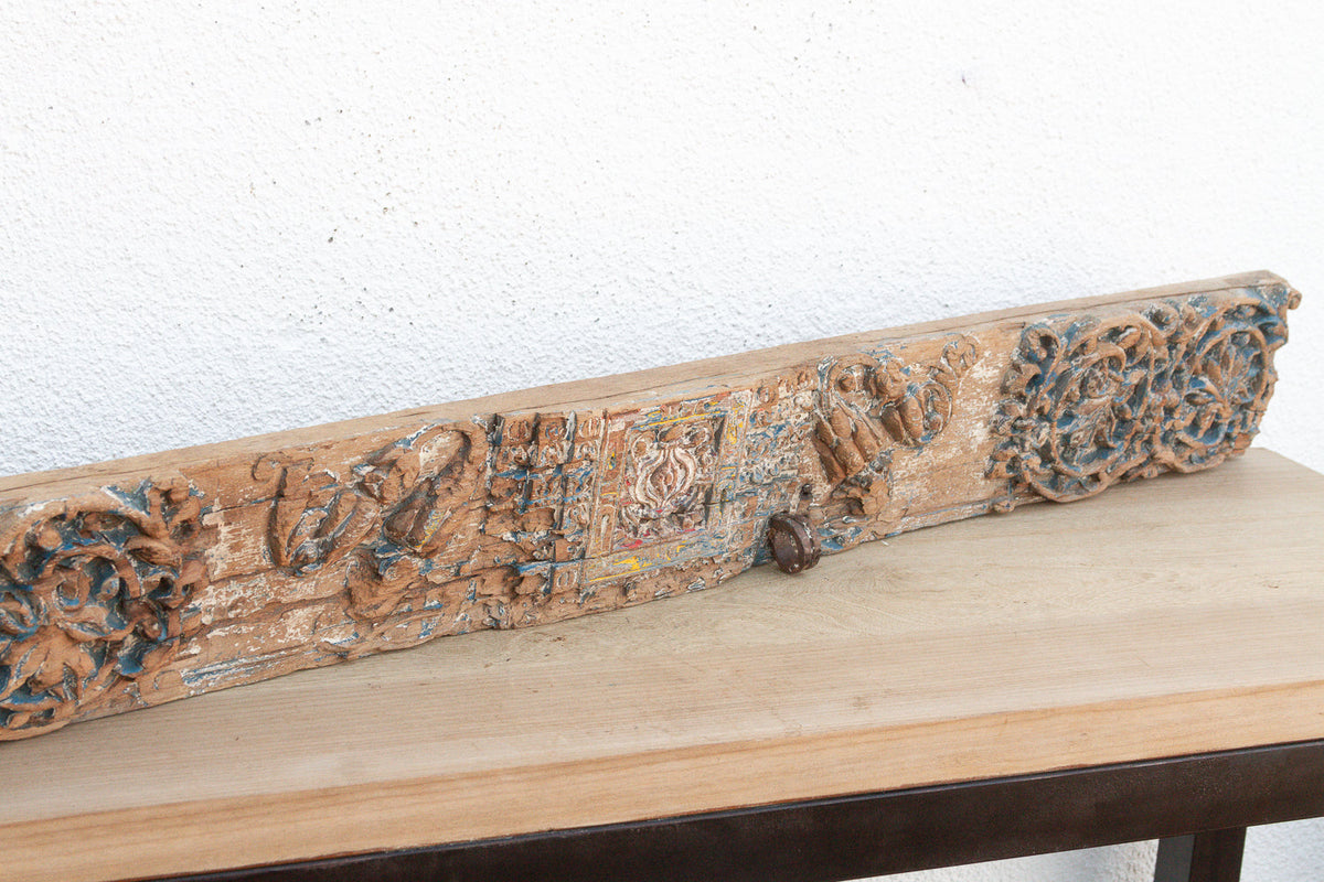 Rare Blue Polychrome Carved Indian Lintel