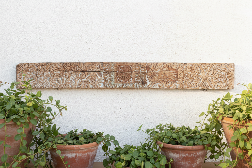 Whitewashed Floral Scrolled Indian Carving