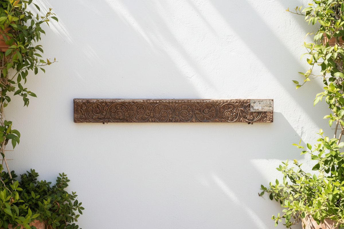 Antique Wabi Sabi Carved Lintel w/Metal Plate (Trade)