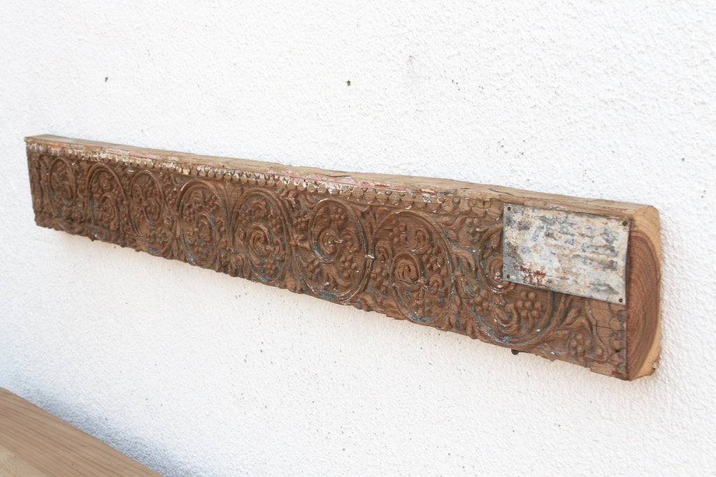 Antique Wabi Sabi Carved Lintel w/Metal Plate (Trade)