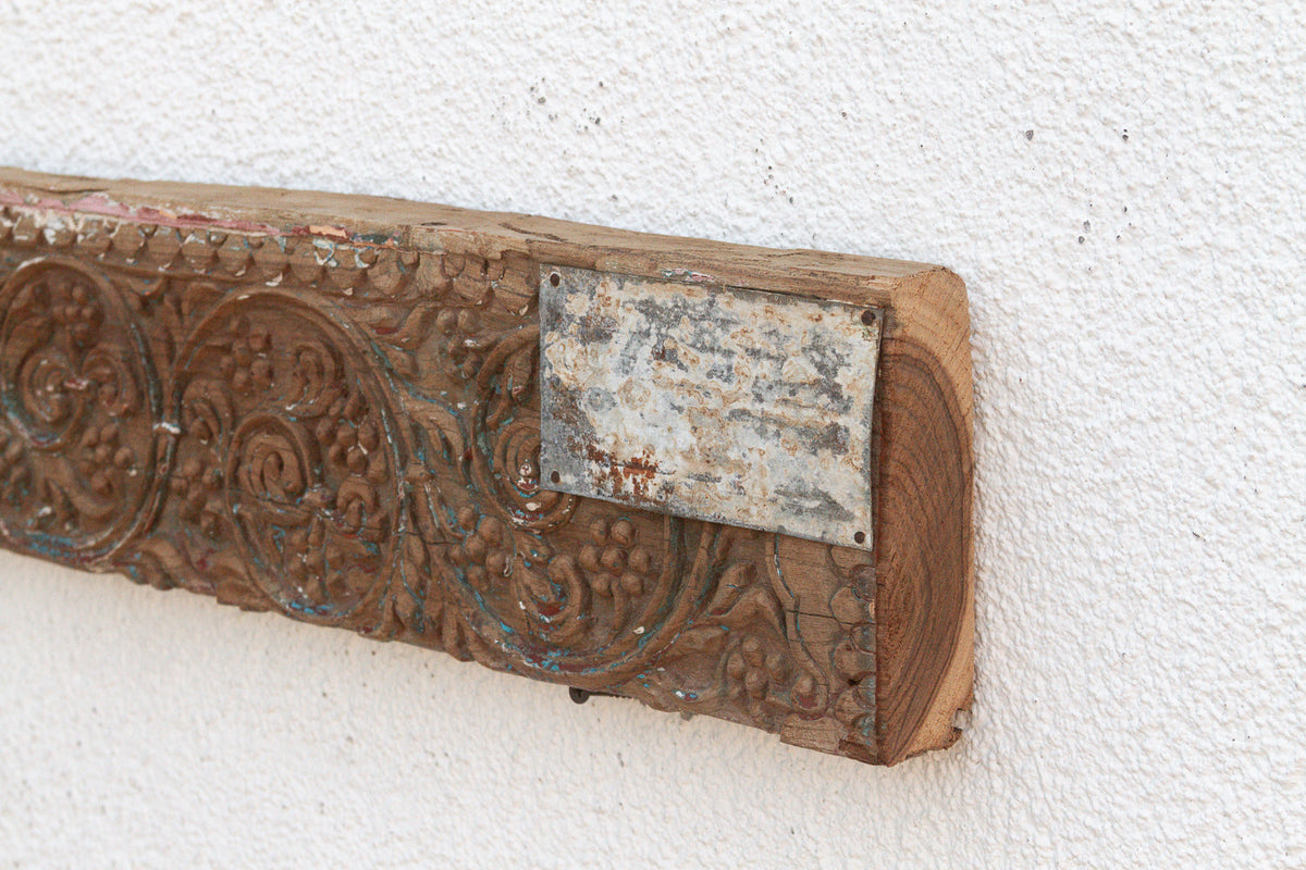 Antique Wabi Sabi Carved Lintel w/Metal Plate (Trade)
