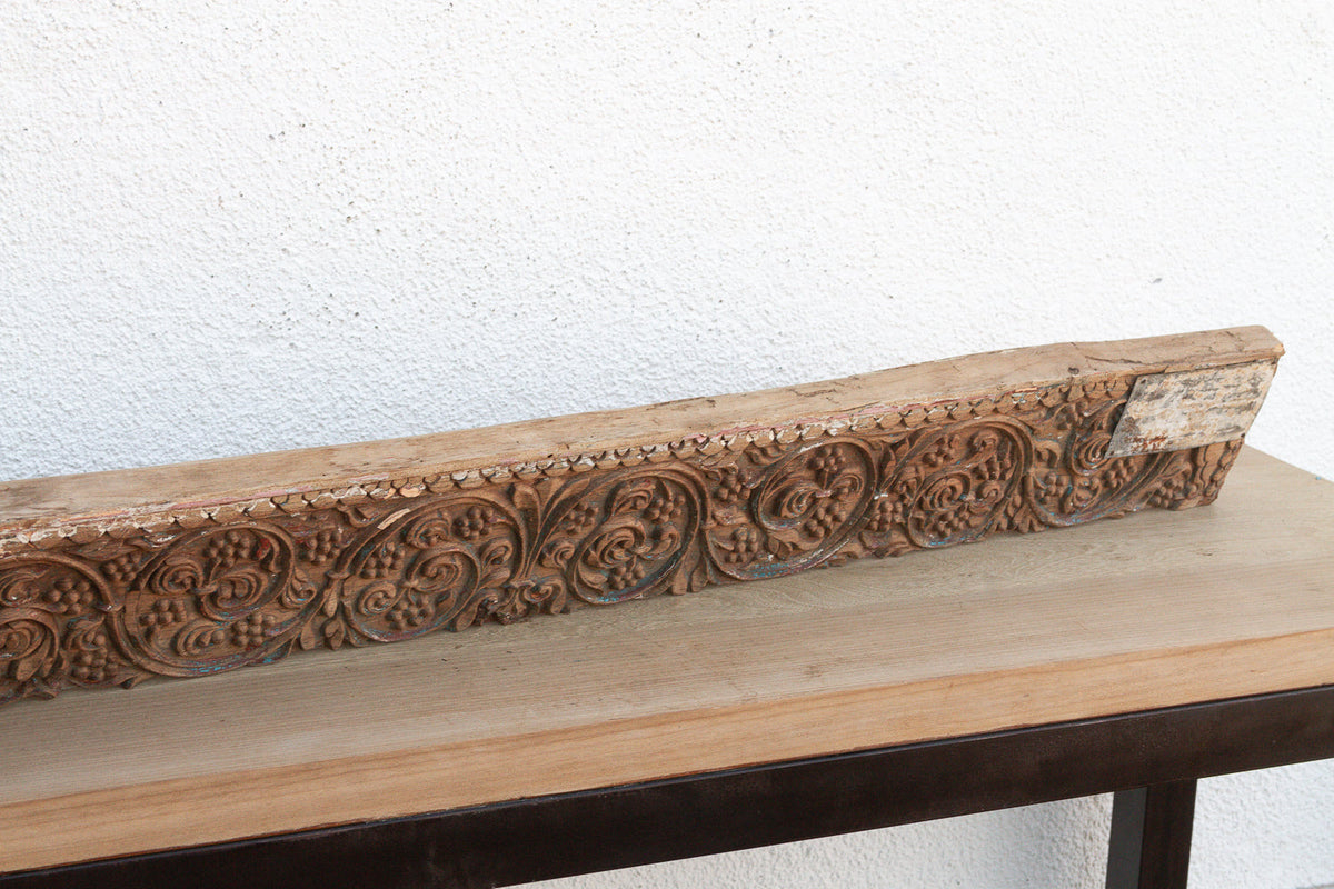 Antique Wabi Sabi Carved Lintel w/Metal Plate