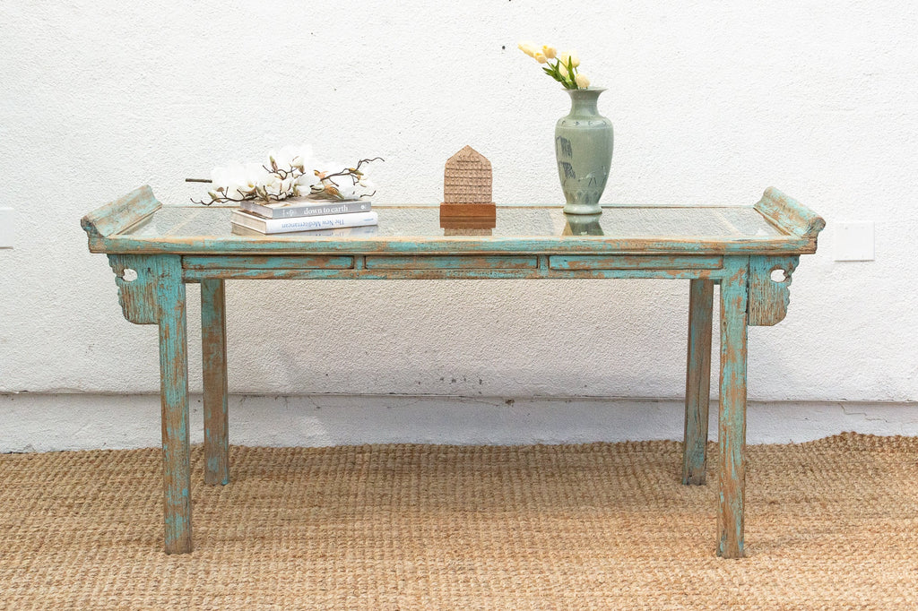 Glass Top Painted Asian Console Writing Table
