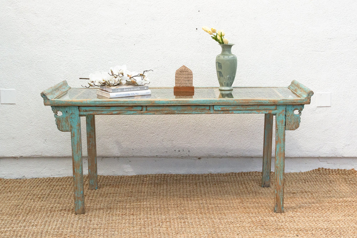 Glass Top Painted Asian Console Writing Table