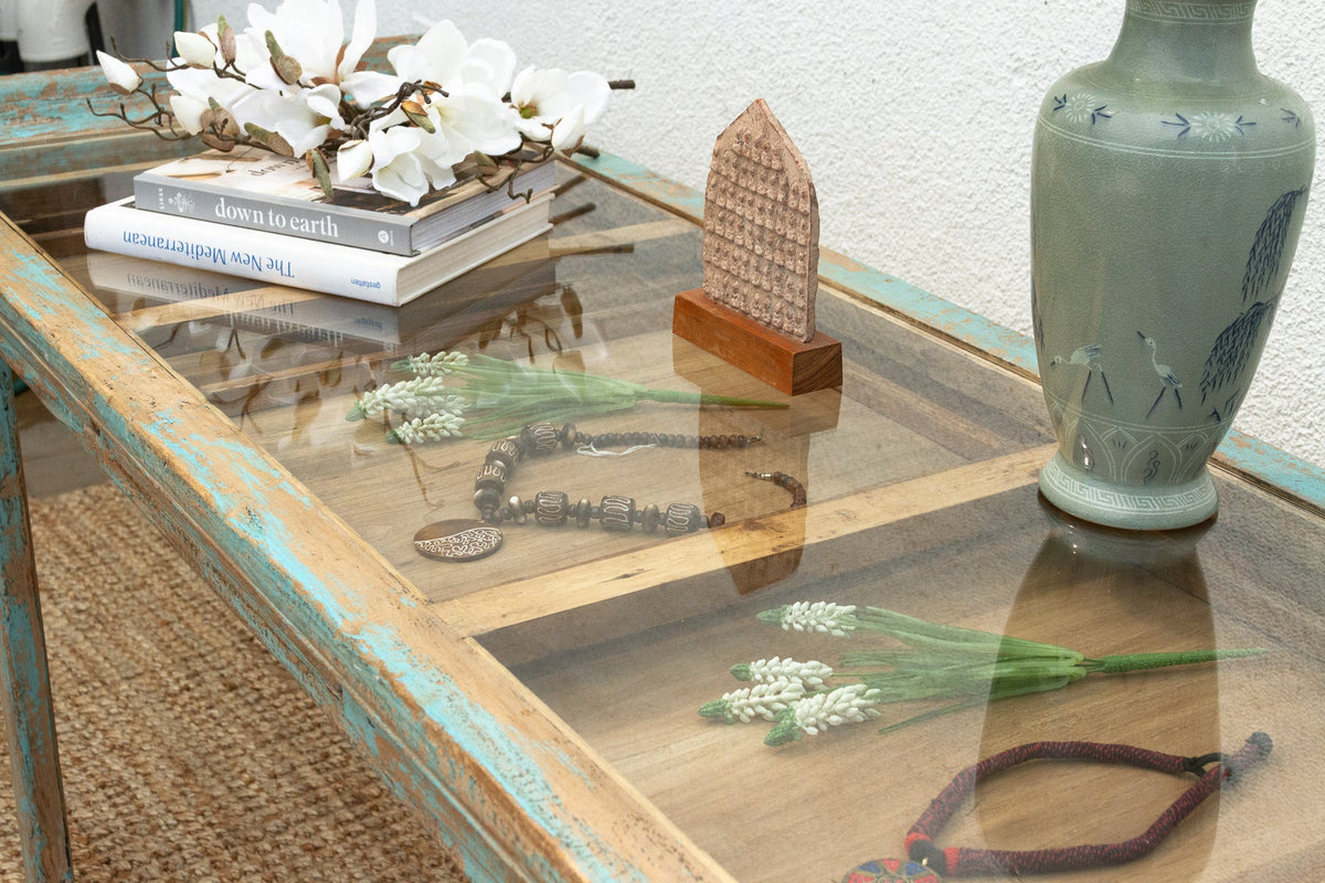 Glass Top Painted Asian Console Writing Table