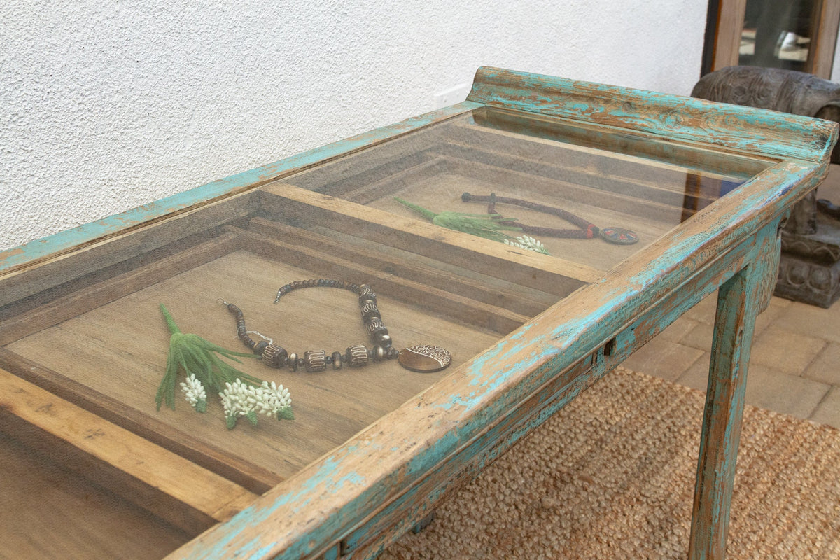 Glass Top Painted Asian Console Writing Table