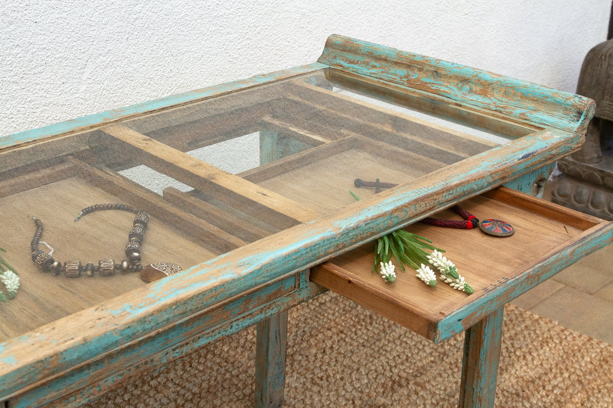 Glass Top Painted Asian Console Writing Table