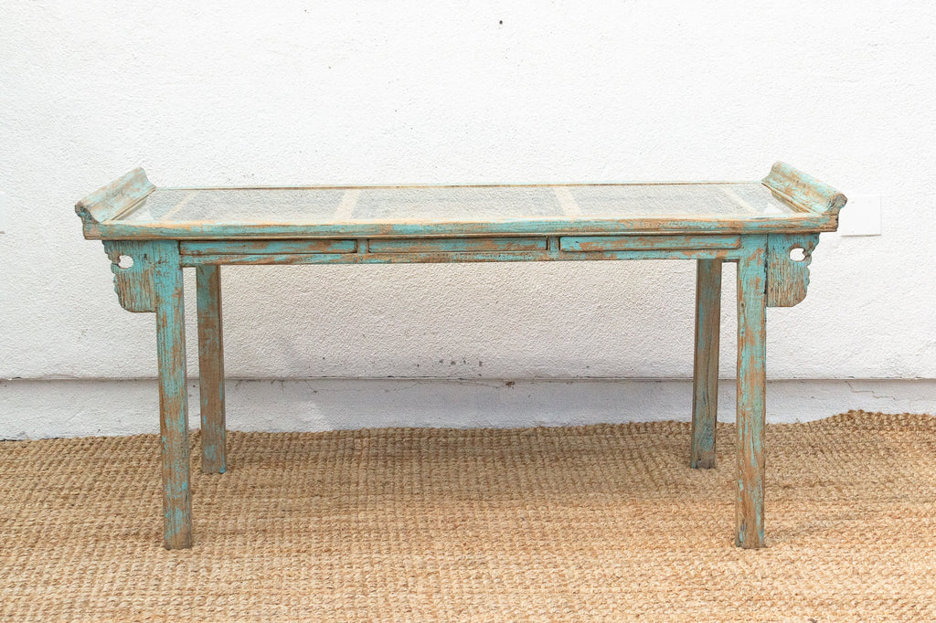 Glass Top Painted Asian Console Writing Table